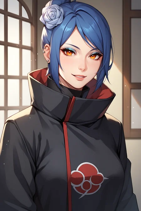 score_9, score_8_up, score_7_up, score_6_up, score_5_up, score_4_up, KonanNSHXL, makeup, orange eyes, blue hair, short hair, single hair bun, hair flower, piercing, medium breasts, high collar, black coat, coat with cloud print, long sleeves, (portrait shot, upper body), seductive smile, looking at viewer, indoors <lora:KonanNSHXL:0.7>