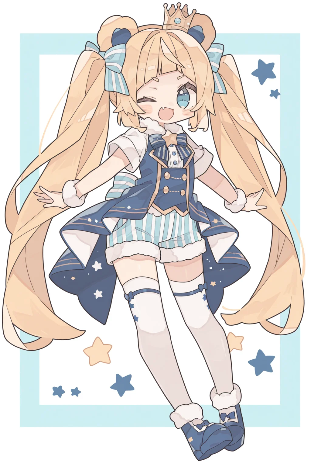 <lora:rororoyu:1>, rororoyu, 1girl, one eye closed, blue footwear, blonde hair, thighhighs, crown, blue eyes, long hair, fang, solo, animal ears, smile, bear ears, white thighhighs, twintails, shorts, star (symbol), mini crown, fur trim, shoes, bangs, striped, very long hair, ;d, short sleeves, striped shorts, open mouth, looking at viewer, shirt, full body