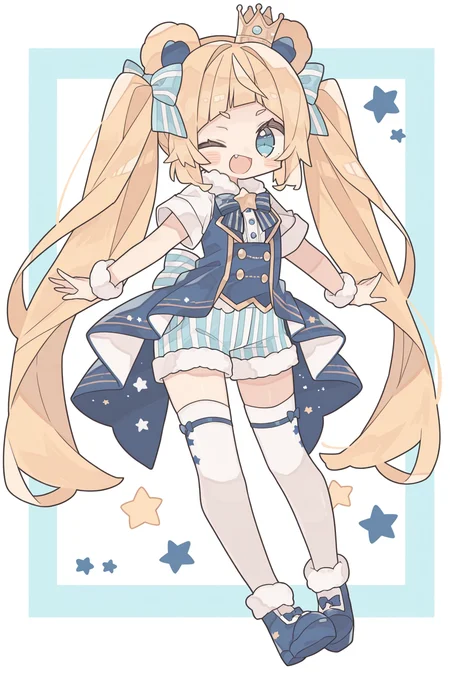 <lora:rororoyu:1>, rororoyu, 1girl, one eye closed, blue footwear, blonde hair, thighhighs, crown, blue eyes, long hair, fang, solo, animal ears, smile, bear ears, white thighhighs, twintails, shorts, star (symbol), mini crown, fur trim, shoes, bangs, striped, very long hair, ;d, short sleeves, striped shorts, open mouth, looking at viewer, shirt, full body