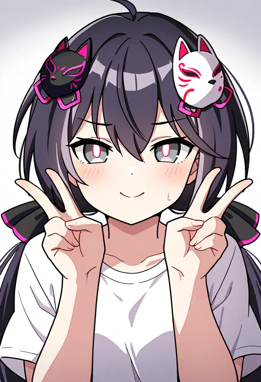 <lora:desiredhana_IXL-10:0.7>,1girl,desiredhana,fox mask on head,low twintails,
best quality,amazimg quality,masterpiece,white shirt,double v,grey eyes,bright pupils,