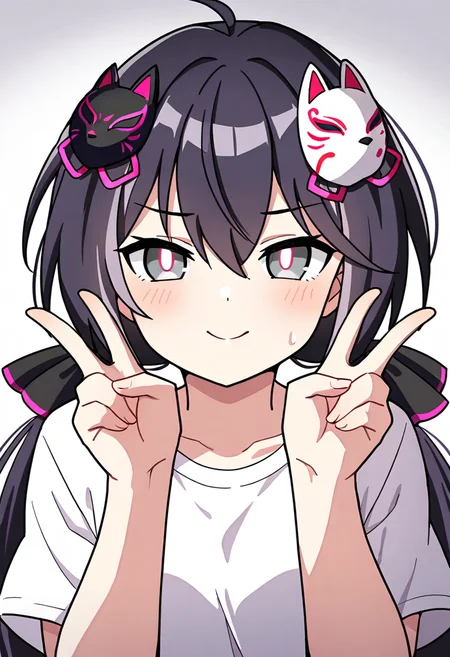 <lora:desiredhana_IXL-10:0.7>,1girl,desiredhana,fox mask on head,low twintails,
best quality,amazimg quality,masterpiece,white shirt,double v,grey eyes,bright pupils,