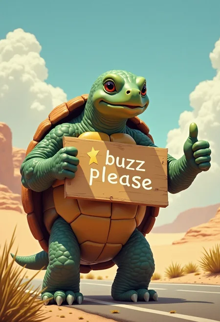 a photorealistic painting of an anthropomorphic turtle holding a sign that says "buzz please", standing next to a desert highway looking for a ride by giving a thumbs up. The soft light gives the scene a beautiful summer feel and is rendered in highly realistic detail