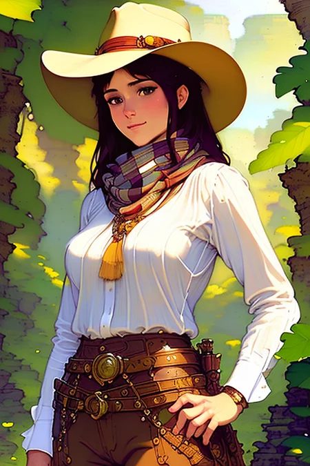 close up of a beautiful ((adventurer)) (((archeologist))) wearing jeans and a checked buttoned shirt with a scarf and a stetson hat in a (( oasis )), sensual, evocative pose, intricate, highly detailed, art by onche_ondulay