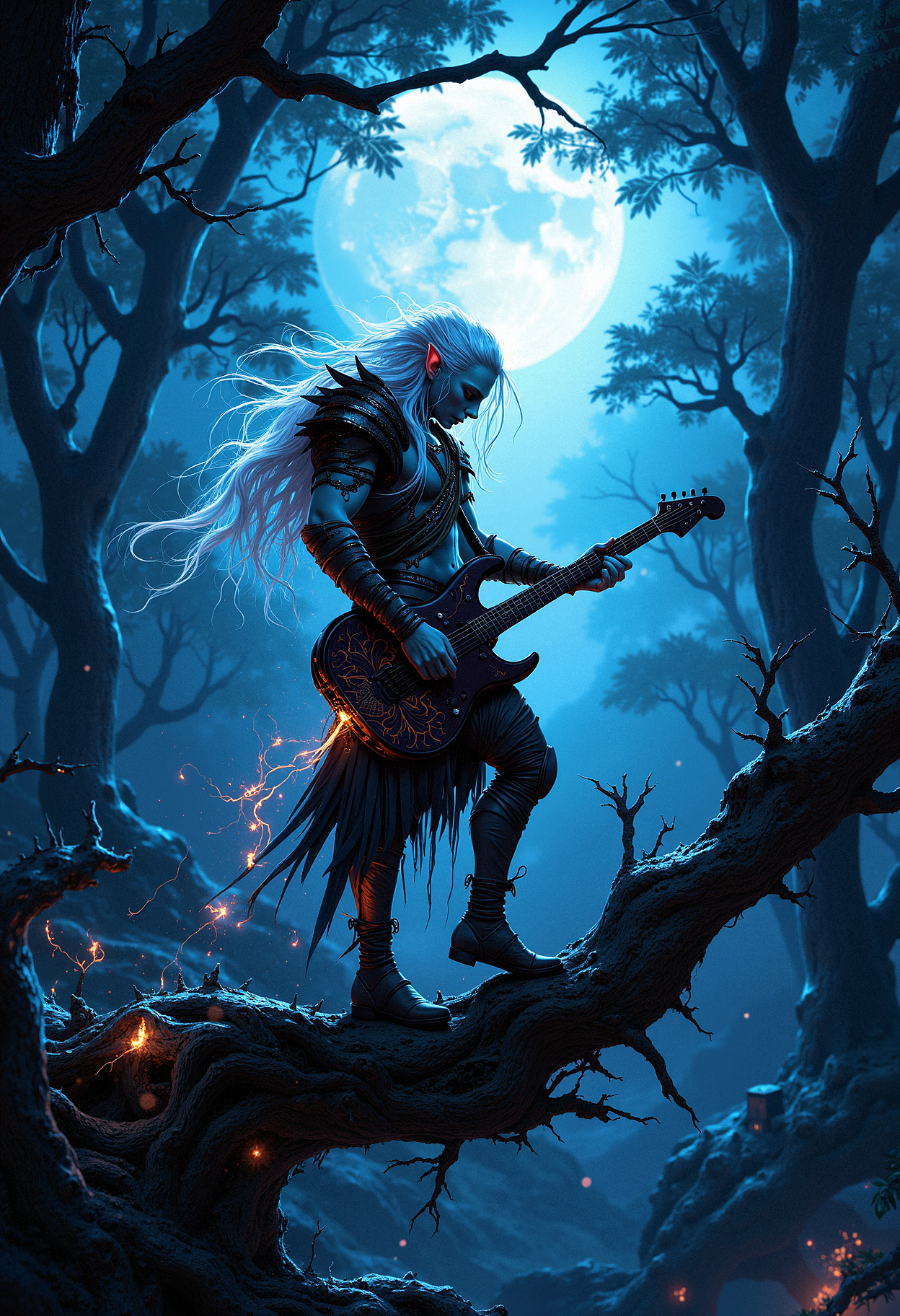 In a moonlit forest at night, a lone night elf stands on a tree branch, playing an electronic guitar. Sparks fly from the stringsHis skin is pale blue, glowing faintly in the darkness, his long white hair cascading down his back. He wears light armor of woven vines and dark leather, designed to blend in with his surroundings. The background is a thick, misty forest, with the glowing eyes of the creatures hiding in the shadows. The atmosphere is mystical and eerie, the color palette is dominated by soft shadows and cold blue hues.   <lora:FluxMythP0rtr4itStyle:0.8> MythP0rt,  <lora:ARTifacts:0.66>