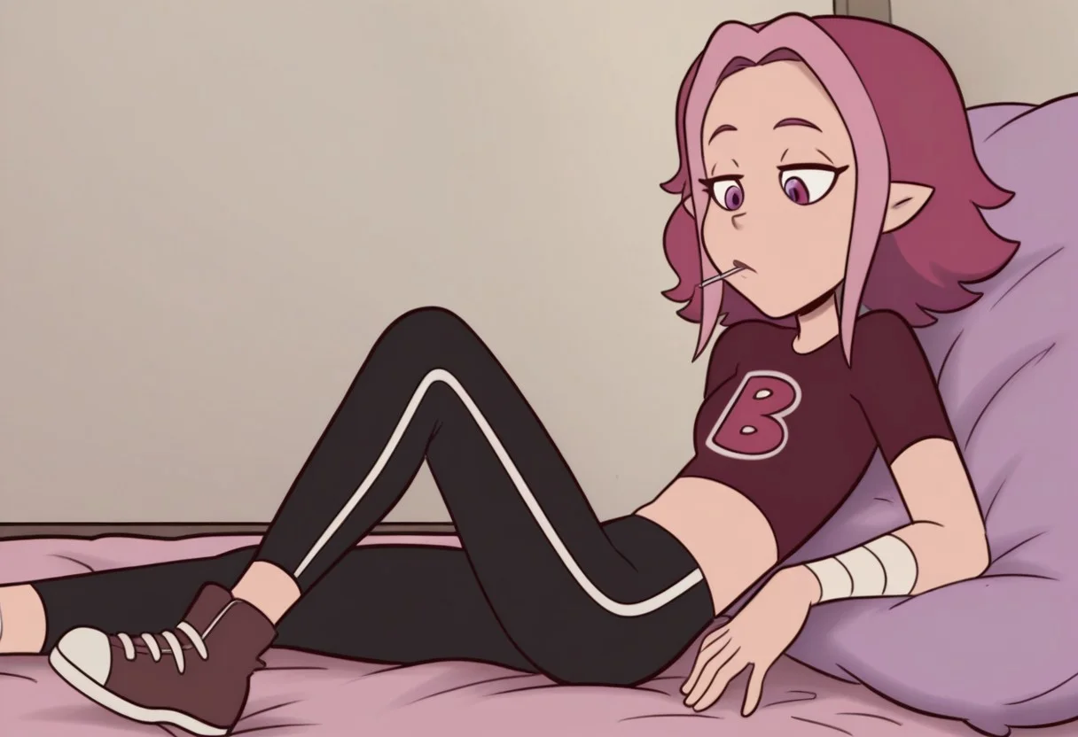 high quality, official style, high resoulution, Masterpiece, best quality, amazing quality, solo, 1girl, female, Best quality, female focus, Jay, bandaged arms, sucker lolipop, pink eyes, medium hair, multicolor hair, short sleeved crop top, midriff, pointy ears, striped sweatpants, brown boots