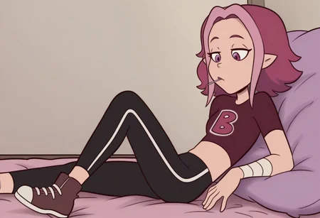 high quality, official style, high resoulution, Masterpiece, best quality, amazing quality, solo, 1girl, female, Best quality, female focus, Jay, bandaged arms, sucker lolipop, pink eyes, medium hair, multicolor hair, short sleeved crop top, midriff, pointy ears, striped sweatpants, brown boots