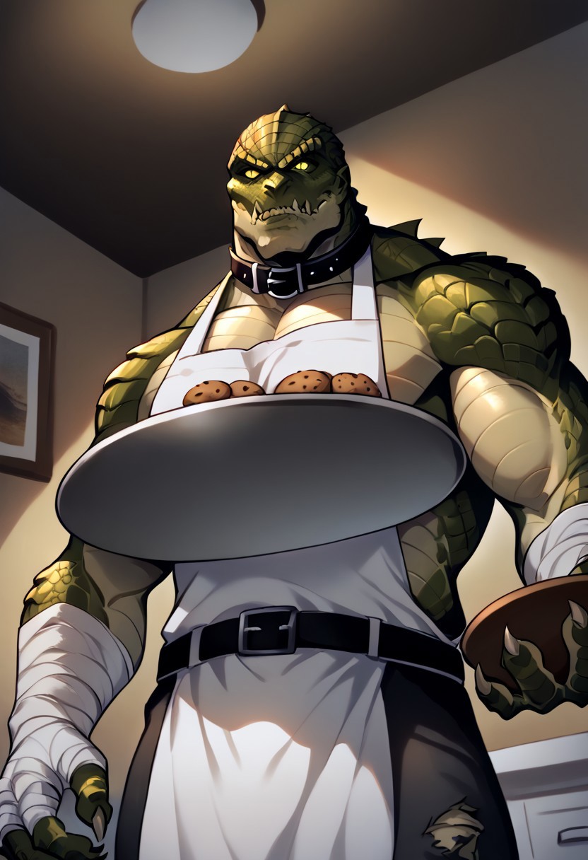 low angle, 
1boy, solo, Killercroc, scales, sharp teeth, muscular, claws, torn pants, bandages, belt, glowing eyes, collar, spikes,
white apron,upper body,looking at viewer, disdain, disgusted face, closed mouth,
indoors, kitchen, holding tray of cookies, dark theme, low light, painting, drawing,