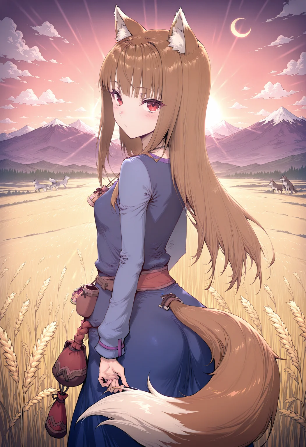 <lora:haoni:1>, haoni style,masterpiece, absurdres, highres,amazing quality, best quality, extremely detailed, 8k,1girl,amulet,animal ears,atmospheric perspective,blue dress,blurry,brown hair,brown tail,cloud,depth of field,dress,holo,light rays,long hair,looking at viewer,looking back,mountain,mountainous horizon,nature,outdoors,pouch,sky,solo,spice and wolf,standing,star and crescent,sunbeam,sunlight,sunset,tail,wheat,wheat field,wolf,wolf ears,wolf girl,wolf tail