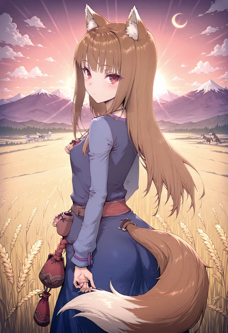 <lora:haoni:1>, haoni style,masterpiece, absurdres, highres,amazing quality, best quality, extremely detailed, 8k,1girl,amulet,animal ears,atmospheric perspective,blue dress,blurry,brown hair,brown tail,cloud,depth of field,dress,holo,light rays,long hair,looking at viewer,looking back,mountain,mountainous horizon,nature,outdoors,pouch,sky,solo,spice and wolf,standing,star and crescent,sunbeam,sunlight,sunset,tail,wheat,wheat field,wolf,wolf ears,wolf girl,wolf tail