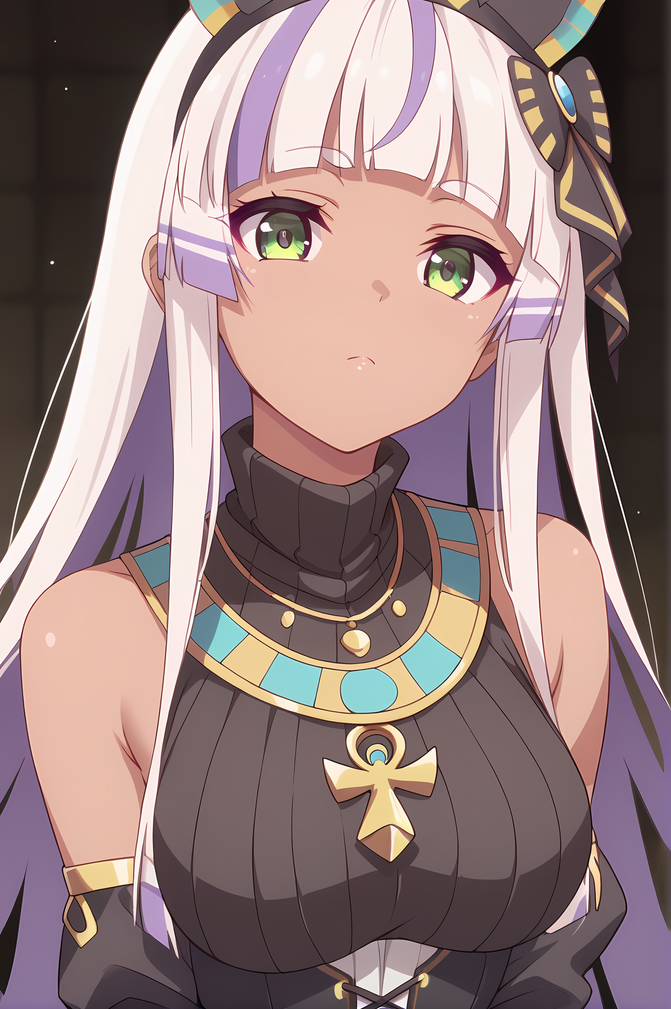 (egyptian clothes:1.20), gg-anubis, necklace, hairband, white hair, multicolored hair, long hair, dark skin, jackal ears, green eyes, medium breasts, 1girl, solo, skinny, score_9, score_8_up, score_8, score_7_up, score_7, score_6_up, score_6, score_5_up, score_5, source_anime, horny, , (close-up:1.20), (:1.20), , <lora:gg-anubis-V01-000004:0.60>