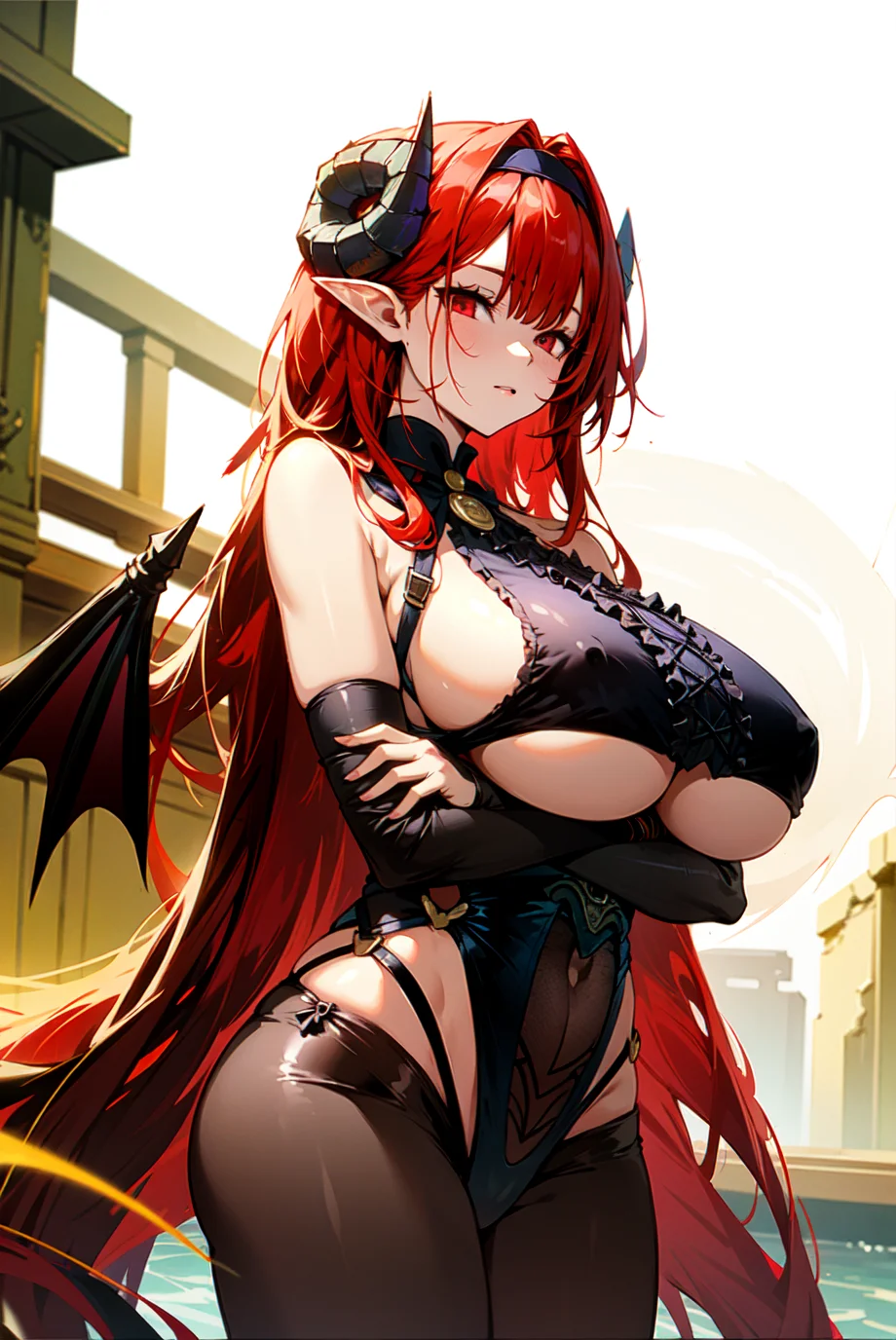 <lora:hindenburg_v1.0:0.8>,hindenburg\(azur lane\), bare_shoulders, red_hair, demon horns, long hair, underboob_cutout,pantyhose, demon_wings, looking at viewer, ,ruins,outdoors, huge breasts, arms crossed, masterpiece, best quality, extremely detailed face, sharp details, high contrast,