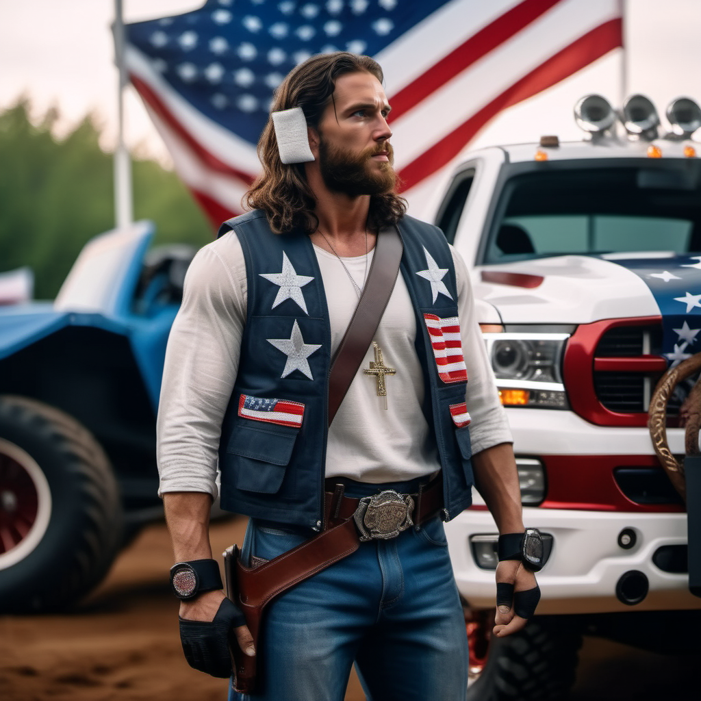 cinematic photo full body portrait jesus wears a bandage on the ear, american flag background, guns, monstertruck <lora:Bandage1024:0.8> . 35mm photograph, film, bokeh, professional, 4k, highly detailed