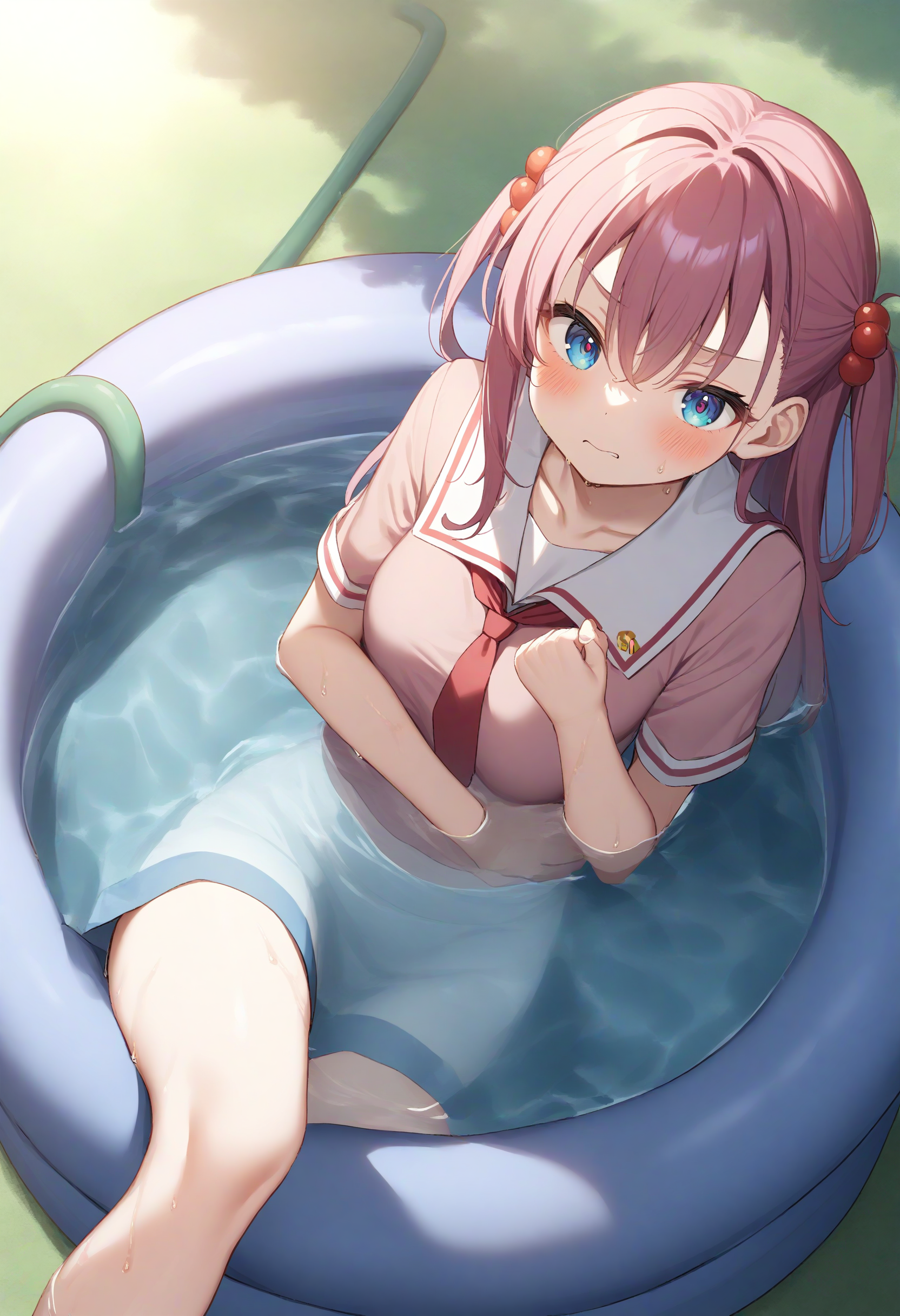 1girl,sincos, ningen mame, toosaka asagi,solo,medium breasts,school uniform,
wading pool,partially submerged,water,wet,outdoors, hose,barefoot, day,lying,<lora:wadingpool_XL_v1:0.8>
from above, feet out of frame, looking to the side, pink hair, silver eyes,grimace, closed mouth, tired hair,,
best quality, very aesthetic, absurdres