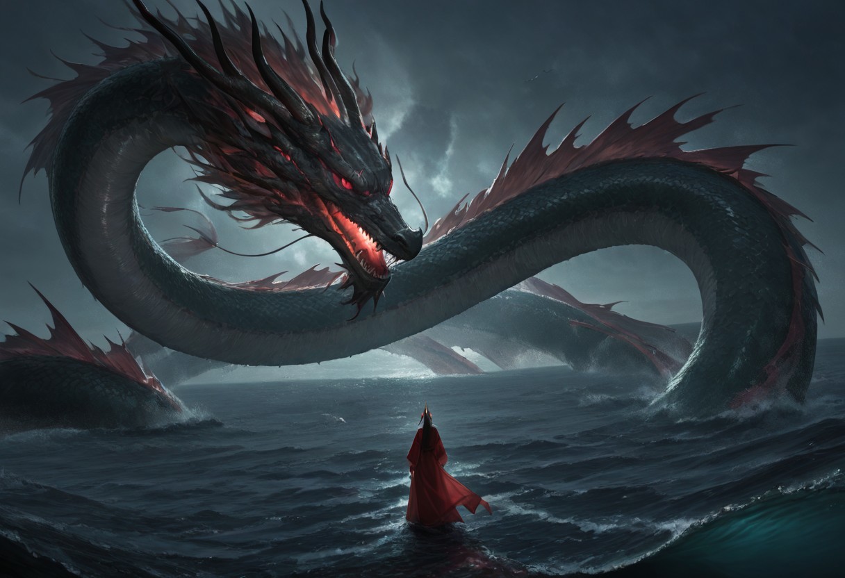 masterpiece, best quality, newest, absurdres, highres, AQDRV1.0, dragon, ocean, monster, glowing eyes, red eyes, eastern dragon, horns, dragon horns,
