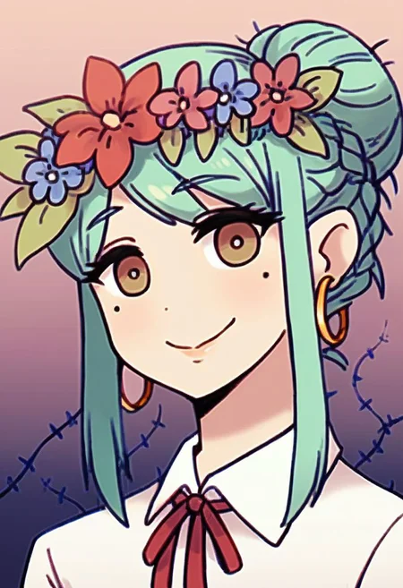 score_9, score_8_up, score_7_up, score_6_up, score_5_up, score_4_up,
BREAK
1girl, solo, portrait, braid, bangs, smile, lips, horns, earrings, jewelry, green hair, long hair, brown eyes, hair bun, single hair bun, twin braids, hair flower, hair ornament, closed mouth, gradient background, flower, gradient, looking at viewer, head wreath, red flower, red ribbon, ribbon, neck ribbon, mole, shirt, collared shirt, white shirt, hoop earrings, mole under eye, thorns