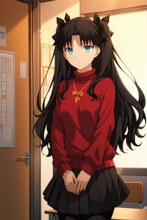 masterpiece, best quality, highres, 4k, 8k, intricate detail, cinematic lighting, amazing quality, amazing shading, soft lighting, Detailed Illustration, anime style,
rintohsaka, <lora:rin_tohsaka_ubw-sdxl-lora-nochekaiser:0.75>,
indoors, classroom,
looking at viewer, full body,
rin tohsaka, aqua eyes, black hair, hair ribbon, long hair, ribbon, sidelocks, two side up, parted bangs,
black skirt, black thighhighs, long sleeves, miniskirt, pleated skirt, red sweater, skirt, sweater, thighhighs, turtleneck,
