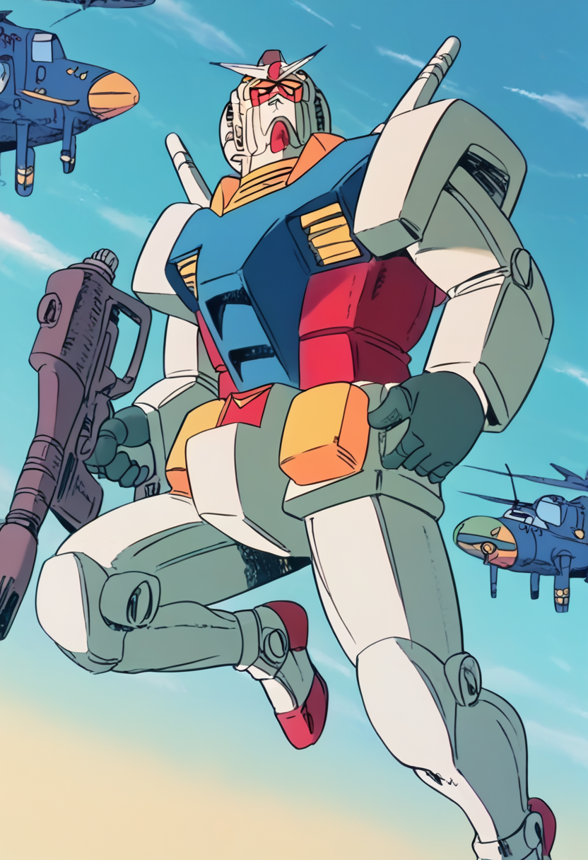(score_9:0.9),score_8_up,score_7_up,anime style,rating_safe,(zPDXL),<lora:Gundam RX-78-2 ponyXL v1.5:0.94>,Gundam RX-78-2,shield,weapon,gun,beam rifle,energy gun,day,flying,sky,aircraft,