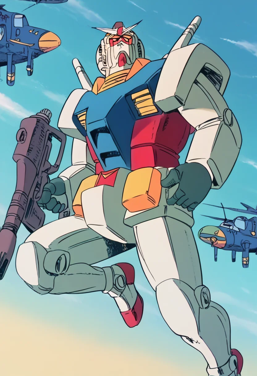 (score_9:0.9),score_8_up,score_7_up,anime style,rating_safe,(zPDXL),<lora:Gundam RX-78-2 ponyXL v1.5:0.94>,Gundam RX-78-2,shield,weapon,gun,beam rifle,energy gun,day,flying,sky,aircraft,
