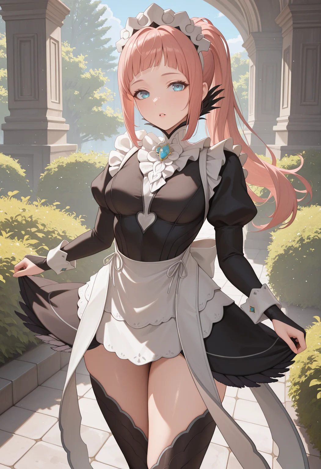 masterpiece, best quality, absurdres, highres, newest, 1girl, solo,  <lora:felicia-fe-richy-v1_ixl:1> f1cdf, blue eyes, pink hair, long hair, ponytail, sidelocks, blunt bangs, maid headdress, black feathered collar, blue brooch, medium breasts, maid, juliet sleeves, maid apron, bridal gauntlets, black thighhighs, thighs, standing, parted lips, looking at viewer, outdoors, bush,