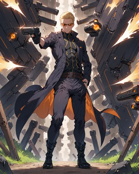 score_9, score_8_up, score_7_up, score_6_up, source_anime, rating_explicit, ah1, best quality, (masterpiece:1.4), (high quality:1.4), sharp focus, 4k, absurd resolution, <lora:albertwesker-guy-PONYv1:0.8> albertwesker, albert wesker, 1boy, solo, blonde, black gloves, sunglasses, belt, pants, black coat, black pants, looking at viewer, toned, athletic, fit, slicked back hair, black turtleneck, zipper, mature male, (graphene textured clothes), black boots, (Mechanical Forest), bad-hands-5, ((panicking expression)), <lora:xl_more_art-full_v1:0.4>, <lora:shinyskin2:0.3> glistening skin, <lora:aesthetic_anime_v1s:0.4>, <lora:Expressive_H:0.4> Expressiveh, <lora:hairdetailpxl:0.4> hairdetailpxl, <lora:EpicF4nta5yXL:0.4>, <lora:detailxl:0.4> detailxl, <lora:Fant5yP0ny:0.4>, (focused, intense glare), slit pupils, short hair, (reddish orange eyes), <lora:YusufDikecGunPose_pdxl_Incrs_v1:0.8> ((holding weapon, holding gun, handgun, hand in pocket, aiming)), full body, illustration, Volumetric_Lighting, ultra-detailed, very aesthetic, intricate details, absurdres, 8k, masterpiece, best_quality,