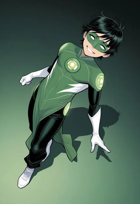 masterpiece, absurdres, high quality, perfect anatomy, 1boy, solo, cute boy, male focus, TaiPham, Black Hair, Green Lantern Ring, Green Lantern Costume, Green and Black Bodysuit, Green Domino Mask, White Eyes, White Gloves, Pelvic Curtain, Black Pants, White Shoes, big smile, cinematic, intricately detailed illustration, depth of field, masterpiece, best quality, amazing quality, very aesthetic, absurdres, newest, very awa,  shadow, dynamic angle, casual cosplay, dynamic pose, simple background, green theme