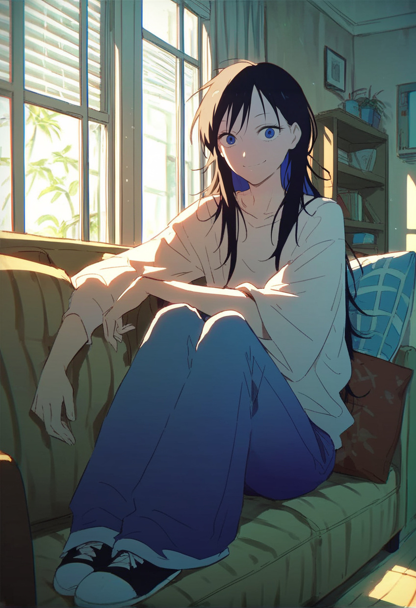 score_9, score_8_up, score_8,
 <lora:Okami_Kororon_for_PonyXL:0.8> 1girl, 0kam1, black hair, solo, long hair, blue eyes, blouse, blue jeans, 
living room, sitting on couch, window, smile,