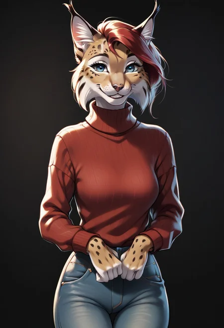 digital_media_(artwork) hi_res, score_9, score_8_up, score_7_up, score_6_up, source_furry, rating_safe, anthro, furry, female, furry female, detailed textured fur, fur tufts, lynx, red hair, blonde brown fur, spots, beautiful blue eyes, medium breasts, covered breasts, slim, slender, turtleneck sweater, denim jeans, smile, SFW,