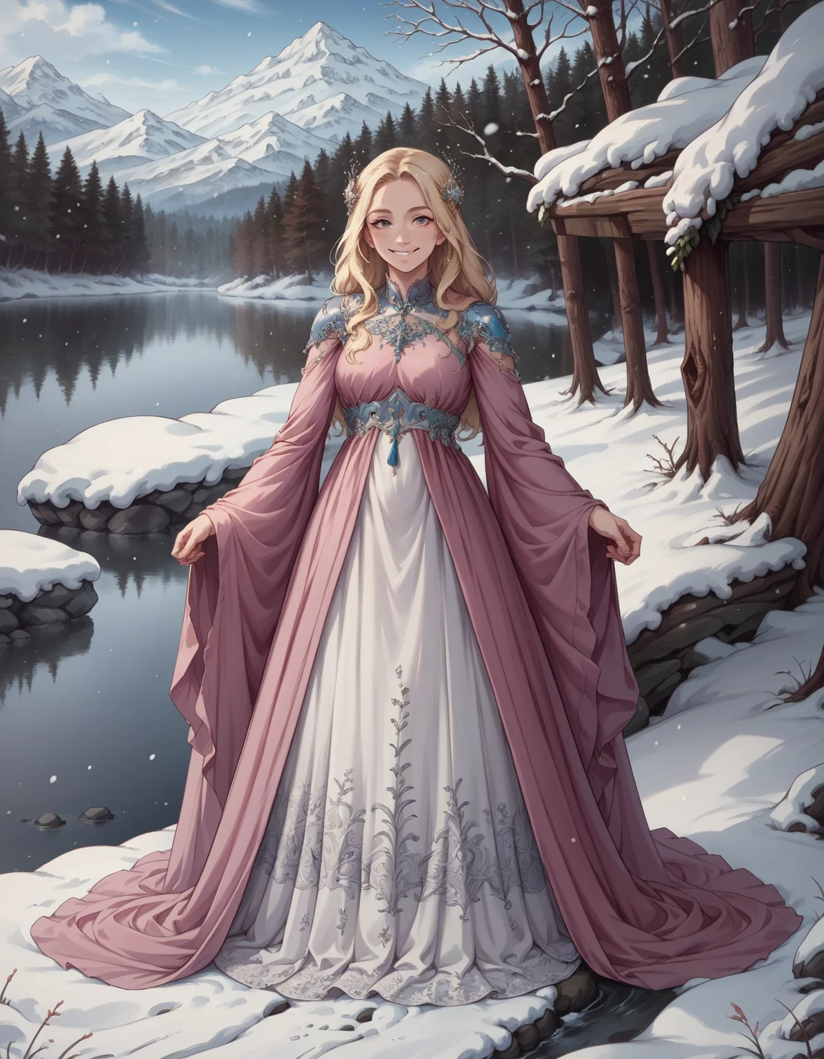 score_9, score_8_up, score_7_up, score_6_up, source_anime, romantic style (full body photo:1.3), adult woman, standing, HUD_spr_armr, hair decoration, long blue (chiffon dress), long sleeves, jewelry, intricate engraved metal neckpiece, shoulder piece, jeweled belt, breastplate, long sleeves, <lora:nature_princess_xlp-000008:0.7>, (long blonde hair:1.1), 4k, snowy mountains in the distance, setting with trees and a lake, smile . emotional, dramatic, nature-focused, detailed