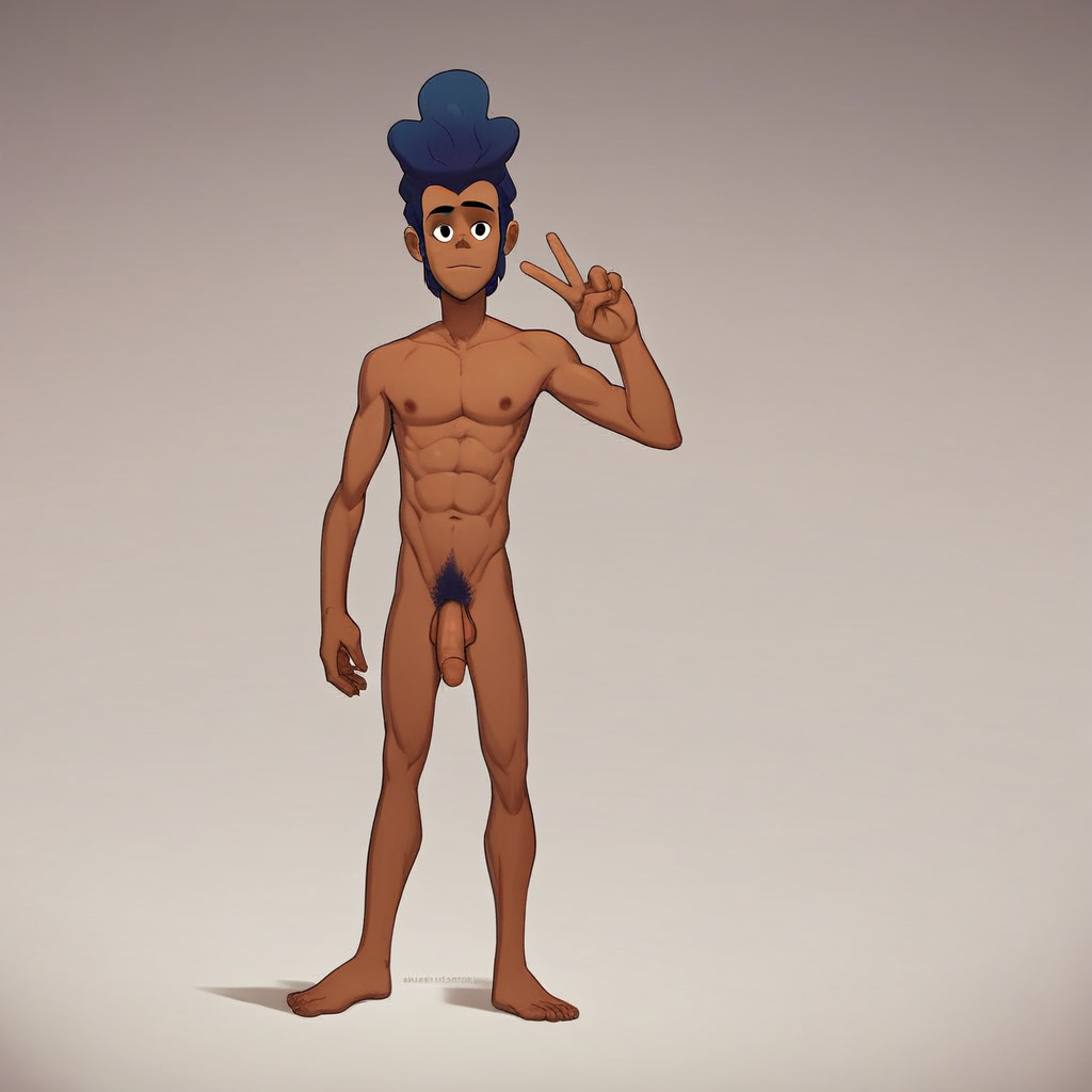 Hector High Five Nieves, solo, dark skin, blue hair,1boy, dark-skinned male, afro, pubic hair, completely nude, abs, penis, balls, standing,  score_9, score_8_up, score_7_up, score_6_up <lora:vinceteaa_020_04v2-step00000400r:1> good face, good eyes, looking at viewer, full body,