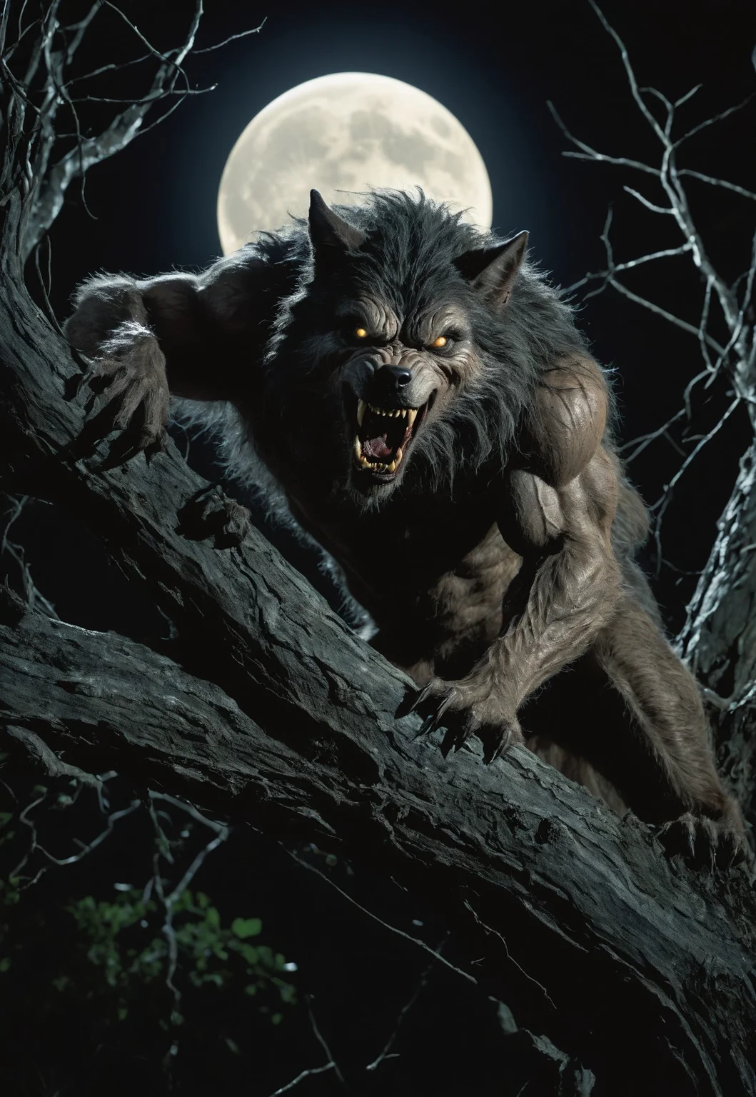 high quality, 8k, detailed, A cinematic 1980s film still of a menacing werewolf perched on a gnarled tree limb under the bright light of a full moon. The creature is crouched low, muscles tense and ready to pounce, its dark fur blending into the shadows of the night. Its glowing green eyes pierce the darkness, radiating an otherworldly light that highlights the sharp features of its face and the glistening fangs. The moon casts a silvery glow over the scene, illuminating the intricate details of the bark and leaves around it while leaving the ground shrouded in darkness. The atmosphere is charged with suspense, as the werewolf prepares to leap, embodying the raw, primal energy of the hunt.