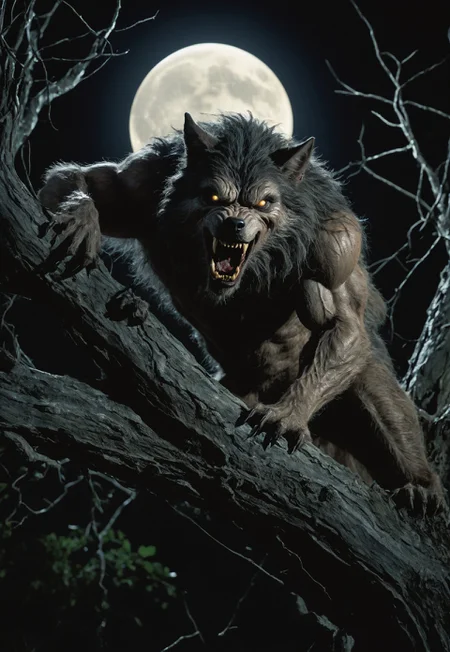high quality, 8k, detailed, A cinematic 1980s film still of a menacing werewolf perched on a gnarled tree limb under the bright light of a full moon. The creature is crouched low, muscles tense and ready to pounce, its dark fur blending into the shadows of the night. Its glowing green eyes pierce the darkness, radiating an otherworldly light that highlights the sharp features of its face and the glistening fangs. The moon casts a silvery glow over the scene, illuminating the intricate details of the bark and leaves around it while leaving the ground shrouded in darkness. The atmosphere is charged with suspense, as the werewolf prepares to leap, embodying the raw, primal energy of the hunt.