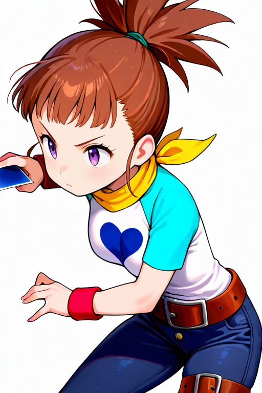 masterpiece, High quality, Ultra detailed, 2d, newest, absurdres, highres, BREAK
1girl, solo, <lora:makino_ruki:0.8>, ruki_makino, high ponytail, brown hair, purple eyes, 
medium breasts, rukidef, raglan sleeves, scarf, t-shirt, heart print, wristband, belt, pants, jeans, thigh strap, 
holding card, fighting stance, hand up,