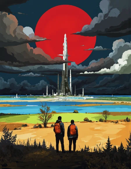 Art by Ismail Inceoglu. A digital illustration shoot from a bird's eye view about a surreal landscape featuring two silhouetted figures with backpacks standing on a hill, looking out over a distant landscape with a futuristic cityscape in the distance. the scene is set against a dramatic sky filled with dark, stormy clouds and a large, vibrant red sun. in the foreground, two figures, a man and a woman, are facing away from the viewer, both wearing orange backpacks, standing with their backs to the viewer. they appear to be looking at a distant cityscape, with tall, white structures resembling a rocket or a science fiction rocket in the background. the cityscape is composed of various shades of blue, green, and yellow, with a few scattered trees and shrubs. the sky is filled with a mix of dark and light clouds, and the overall atmosphere is one of awe and wonder, with the contrast between the bright red sun and the dark clouds creating a striking visual effect.