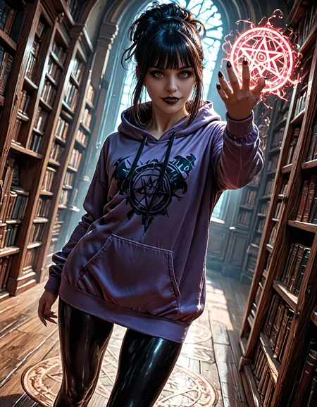 8k,(realistic), perfect hands,hand focus, highly detailed, movie scene, dutch angle,dynamic pose, action shot,  best quality, masterpiece, ambient lighting,  detailed background, detailed style, detailed,ultra-detailed,amazing quality,very aesthetic,dramatic lighting, 
A beautiful goth woman,
latex under clothes, latex pantyhose,  hoodie, oversized hoodie, hoodie dress,soft hoodie,purple hoodie,
flat chest,
shigmix,
(seductive,alluring, sensual,erotic),
black fingernails, sharp fingernails,
(black lips,black eyeliner, black eyeshadow, dark makeup,eyelashes), 
(soft hair, hair detail),
messy ponytail,
black hair,
library_environment, rustic library, antique books, magic library, spellbook, spell tomes, ancient tomes,magic circle, pentagram, 
<lora:Dramatic Lighting Slider:1>
<lora:MoriiMee_Gothic_Niji_Style_Illustrious_r1:0.1> 
<lora:748cmSDXL:0.1>
<lora:spo_sdxl_10ep_4k-data_lora_webui:0.6>
<lora:cfg_scale_boost:0.7>
<lora:detailed hand focus style illustriousXL v1:1>
<lora:Shigg_Mix_IL-000049:0.7>
<lora:hand 5.5:1>