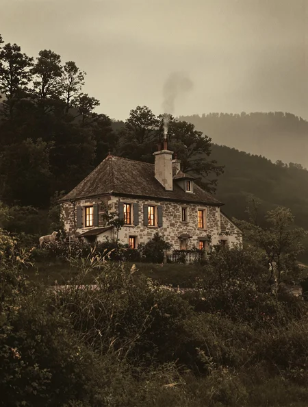 An old haunting colorized photograph of l'ancien cottage on a hill in the pyrenees foothills, as seen from a safe distance from the woods. The historical documentary photograph was expertly composed. The house windows are warmly lit and a faint smoke is seen rising from the chimney. It seems isolated and hard to access, centered and far away. A pastoral scene in the foreground is broken up through the ascending landscape by trees. A siren shepherdess woman is seen in the distance from behind, her hair and petticoat blow in the wind showing more leg than was appropriate at the time. There is a dangerous and wild vibe to the picture. Shadows are long and eerie at twilight, but the long exposure enhances the incredible beauty of the scene. -ad, -modern