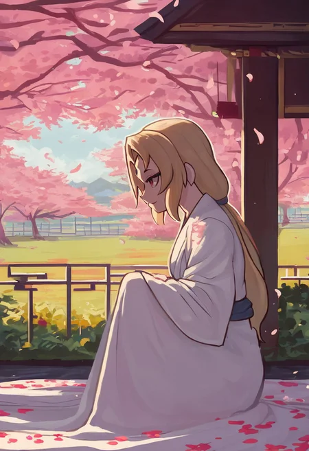 TR00L00, score_9, score_8_up, masterpiece, best quality, absurdres, vibrant, highly detailed, 1girl, solo, side view, tsunade, Tsunade as a child, white kimono, demure atmosphere, japanese garden, zen, sitting under cherry trees, kneeling on a blanket, falling cherry petals, happy face, :D