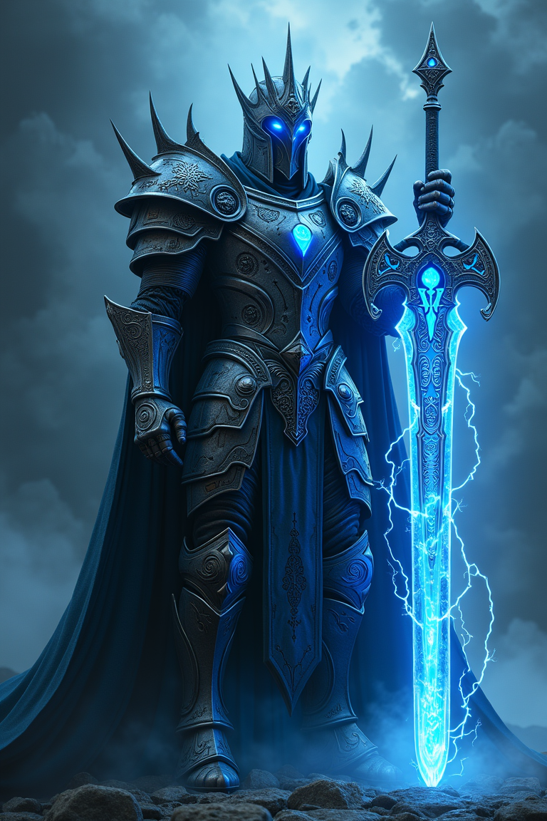 A powerful, menacing knight clad in dark, spiked armor stands confidently, surrounded by an ethereal blue glow. His helmet obscures his face, leaving only glowing blue eyes visible. He holds a massive, radiant sword that emits an intense blue light, matching the electrical energy crackling around him. The scene is set in a mysterious, misty environment, with dark clouds swirling ominously in the background, giving the image a dramatic and otherworldly atmosphere. Ultra-realistic, hyper-detailed, fantasy, cinematic lighting, perfect composition, high contrast.

A masterpiece of craftsmanship, this armor is forged from gleaming, otherworldly metals that shimmer in a spectrum of colors under the light. The plates are intricately engraved with ancient, mystic runes that pulse with a faint, ethereal glow, hinting at the powerful enchantments woven into its very essence. The armor's design is both elegant and formidable, with interlocking plates that provide maximum protection without sacrificing mobility. Ornate filigree and symbols of long-lost civilizations are embedded into the pauldrons, chest plate, and gauntlets, showcasing the artisan's dedication to detail.

Diablo style.