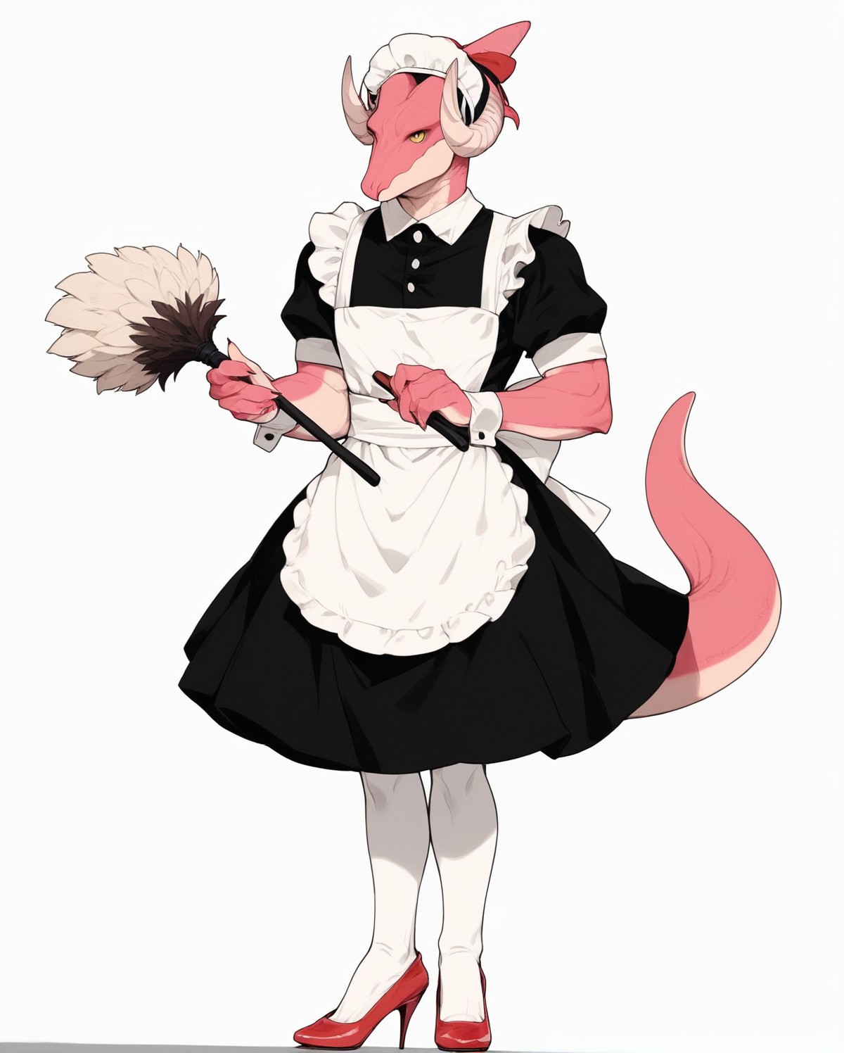 score_9, score_8_up, score_7_up, score_6_up, score_5_up, score_4_up,
(Masterpiece), (Best Quality), (Hi Res),
source_furry,
<1boy:1.5>,
<solo:1.5>,
<pink skin:1.5>,
<pink body:1.5>,
vincent_falnail, falchan, greyscale, 1boy, male focus, solo, yellow eyes, horns, furry male, furry, simple background, white background,
lipstick,makeup,ribbon,nostrils,dragon,
legs,sexy legs,muscular legs,heels,red heels,
<full body:1.5>,
<body focus:1.5>,
<simple background:1.5>,
<white  background:1.5>,
<lora:Vincent_Falnail:1> vincent_falnail,
 <lora:90s4n1m3XLP:1> 90s4n1m3, maid,
maid outfit,
skirt,
stockings,
white stockings,
featherduster,
cleaning,
bonnet,
headwear,
kitchen,