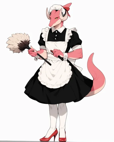 score_9, score_8_up, score_7_up, score_6_up, score_5_up, score_4_up,
(Masterpiece), (Best Quality), (Hi Res),
source_furry,
<1boy:1.5>,
<solo:1.5>,
<pink skin:1.5>,
<pink body:1.5>,
vincent_falnail, falchan, greyscale, 1boy, male focus, solo, yellow eyes, horns, furry male, furry, simple background, white background,
lipstick,makeup,ribbon,nostrils,dragon,
legs,sexy legs,muscular legs,heels,red heels,
<full body:1.5>,
<body focus:1.5>,
<simple background:1.5>,
<white background:1.5>,
<lora:Vincent_Falnail:1> vincent_falnail,
<lora:90s4n1m3XLP:1> 90s4n1m3, maid,
maid outfit,
skirt,
stockings,
white stockings,
featherduster,
cleaning,
bonnet,
headwear,
kitchen,
