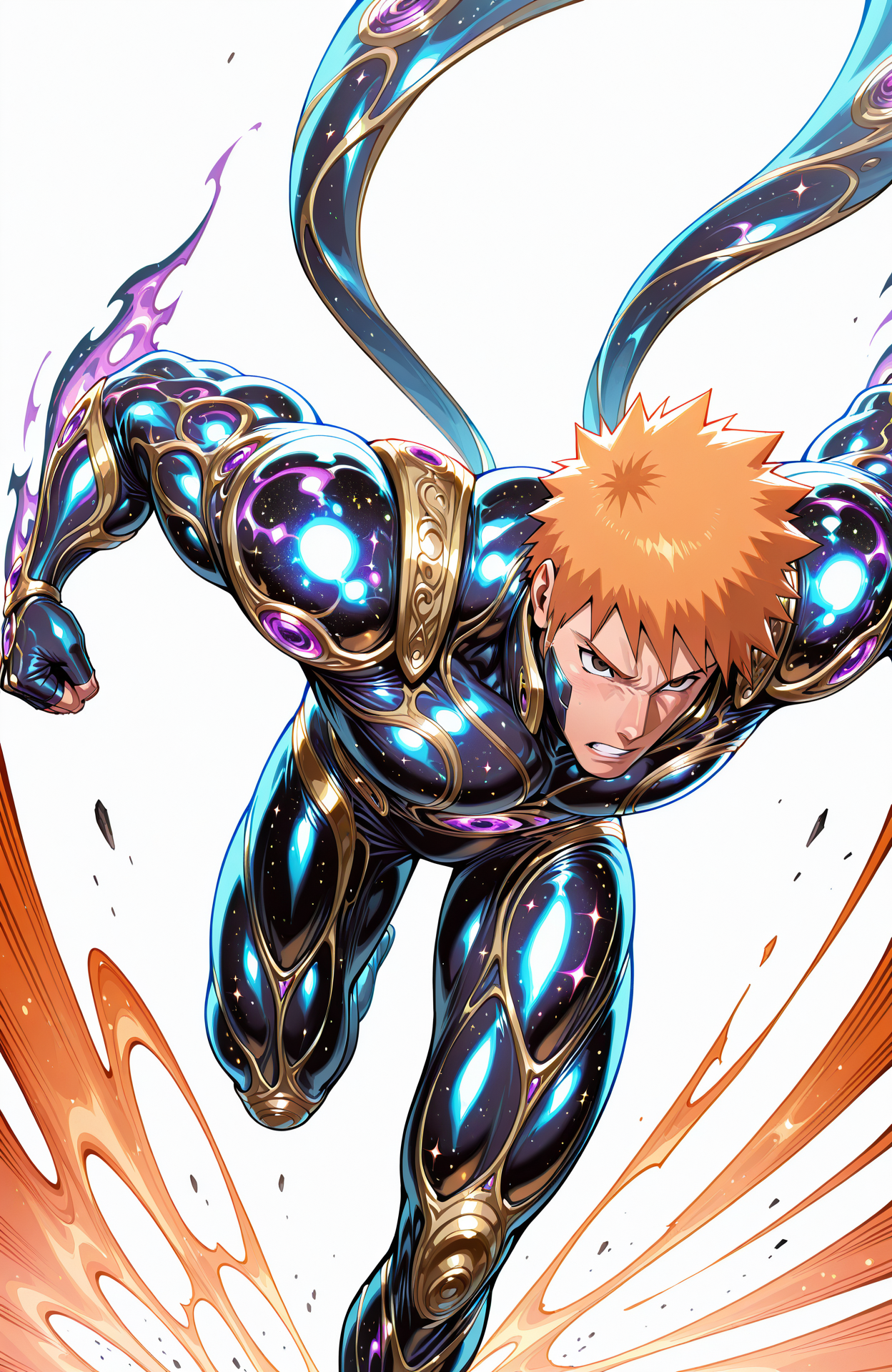r50arm0r_type3, ornate, cosmic bodysuit, pauldrons,
kurosaki ichigo, 
solo, muscular male, male focus, 
dynamic angle, dynamic composition,
running, ninja run, naruto run, leaning forward, speed lines
morning, simple background, abstract scenery,
close-up,
masterpiece, best quality, amazing quality, absurdres, newest, 
<lora:[Concept - IL] R50 Armor Type 3 (R3E12):1>