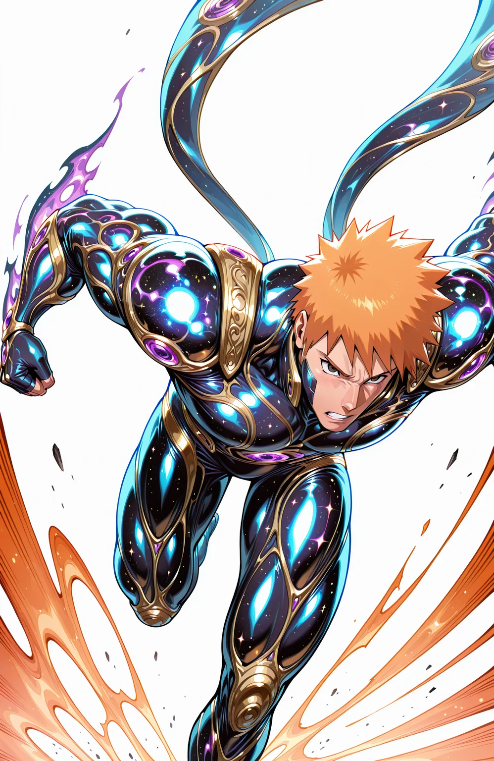 r50arm0r_type3, ornate, cosmic bodysuit, pauldrons,
kurosaki ichigo, 
solo, muscular male, male focus, 
dynamic angle, dynamic composition,
running, ninja run, naruto run, leaning forward, speed lines
morning, simple background, abstract scenery,
close-up,
masterpiece, best quality, amazing quality, absurdres, newest, 
<lora:[Concept - IL] R50 Armor Type 3 (R3E12):1>