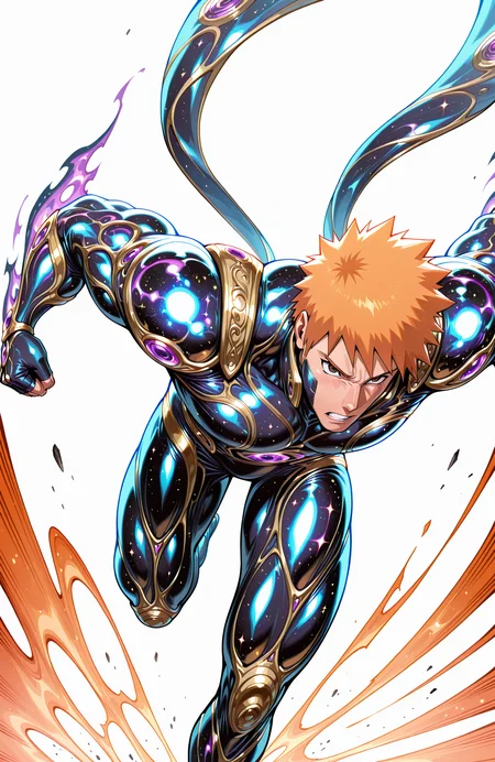 r50arm0r_type3, ornate, cosmic bodysuit, pauldrons,
kurosaki ichigo, 
solo, muscular male, male focus, 
dynamic angle, dynamic composition,
running, ninja run, naruto run, leaning forward, speed lines
morning, simple background, abstract scenery,
close-up,
masterpiece, best quality, amazing quality, absurdres, newest, 
<lora:[Concept - IL] R50 Armor Type 3 (R3E12):1>