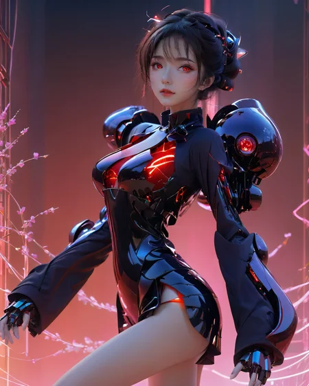 (1girl:0.9),high quality exquisite wallpaper,wide_shot,mecha,metal exquisite mechanical structure,black and red glowing neon lights,(photon force field:1.5),<lora:holographic1_10xl-10:0.7>,(holographic:1.2),mecha clothes,robot girl,holographic fabric,red eyes,