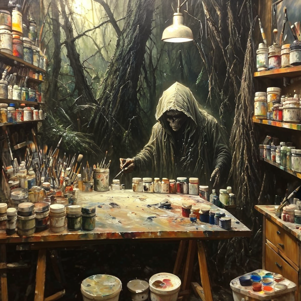 oneironartifex onefex a painting in a painting studio, old artist man and alien, very detailed<lora:oneironartifex:1.2>