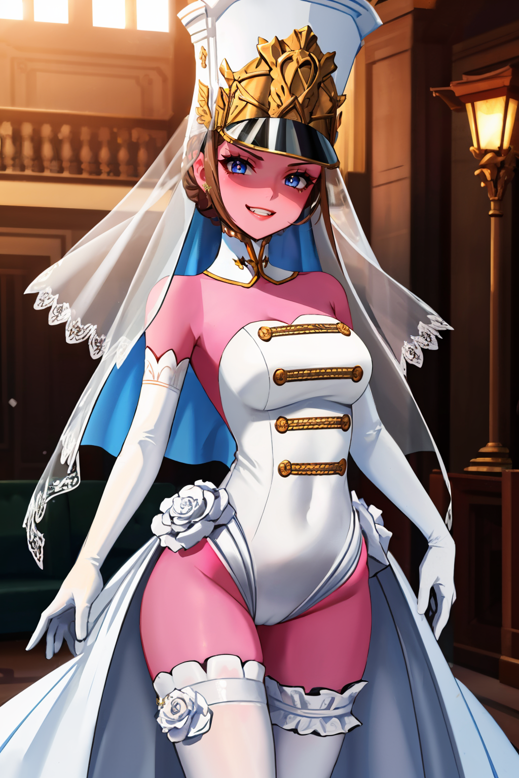 masterpiece, best quality, 1girl, solo, evil grin
<lora:zs_Marie:1> mariep5t, colored skin, hair bun, veil, leotard, wedding dress, thighhighs, elbow gloves