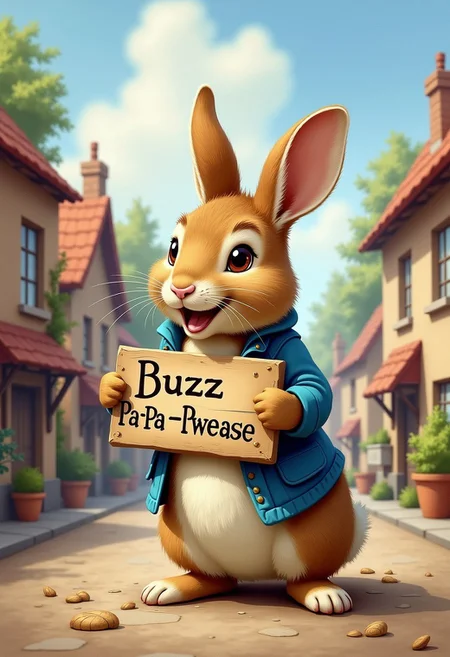 Peter Rabbit holding a sign that says "Buzz Pa-Pa-Pwease", toon town background, illustrated, oil painting, high quality, detailed, realistic