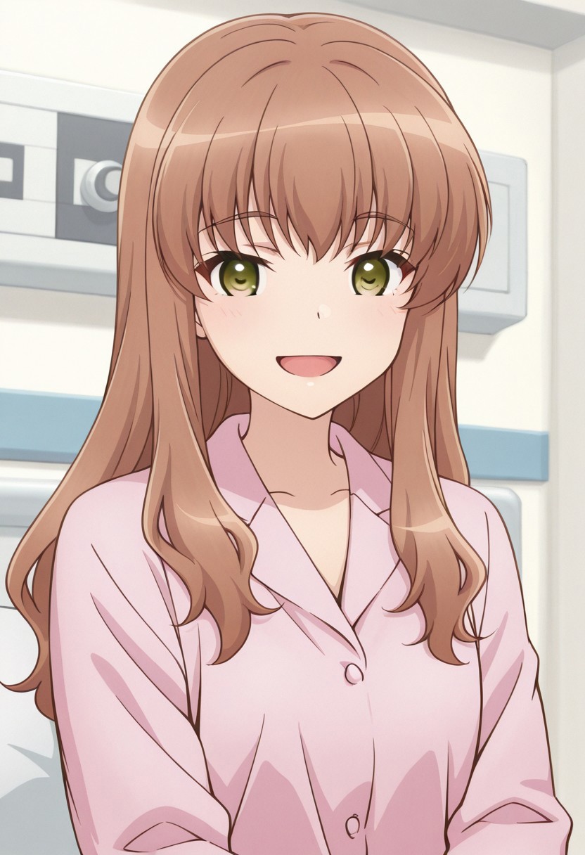 masterpiece, best quality, 32k, high resolution, absurdres, miyata yuuki, 1girl, solo, smile, upper body, pajamas, shirt, long sleeves, indoors, open mouth, looking at viewer