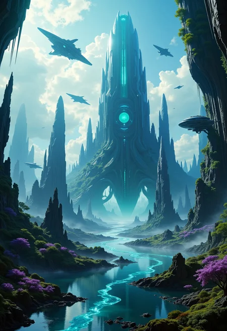 hyper realistic and highly detailed, highly dynamic cinematic panorama view, an otherworldly landscape of an extremely advanced futuristic alien civilization, epic scale, colossal magnitude, sky high otherworldly buildings and futuristic spacecrafts flying around, beautiful, excellent composition, finest details, highest aesthetics, strong muted Birch and King Blue hue, mystical glowing, atmospheric haze, panoramic zoomed out view, highly dramatic lighting
<lora:artilands:0.8>