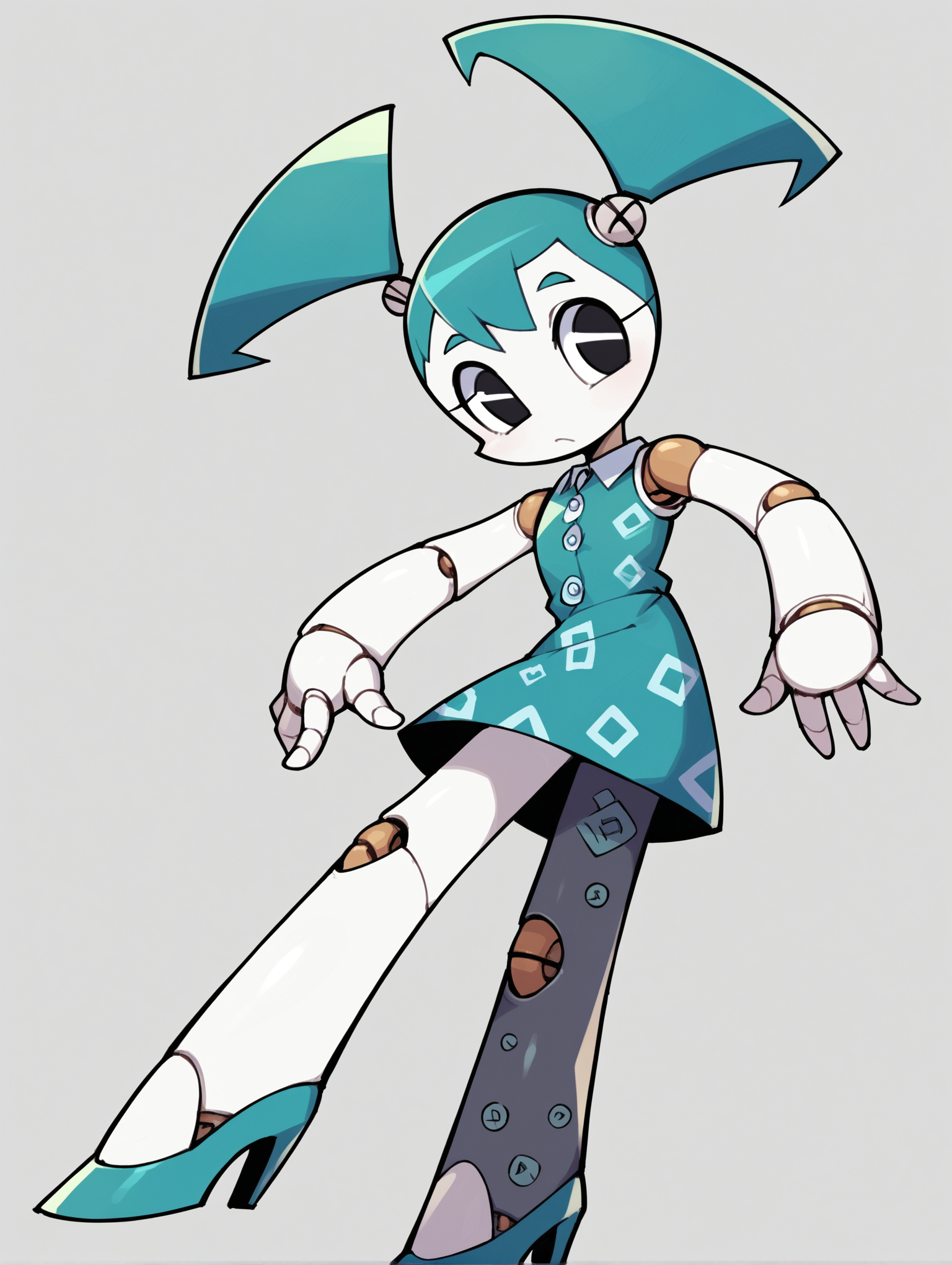 score_9, score_8_up, score_7_up, score_6_up, score_5_up, score_4_up, source_anime, BREAK
(1girl, solo:1.2), simple background, <lora:XJ-9:0.8> xj9, robot girl, robot joints, android, joints, twintails, aqua hair ,black eyes, colored skin, white skin, looking at viewer, bolt, ((button-front-midi-dress)), ((block-heeled-mules)), (((patterned-pantyhose)))