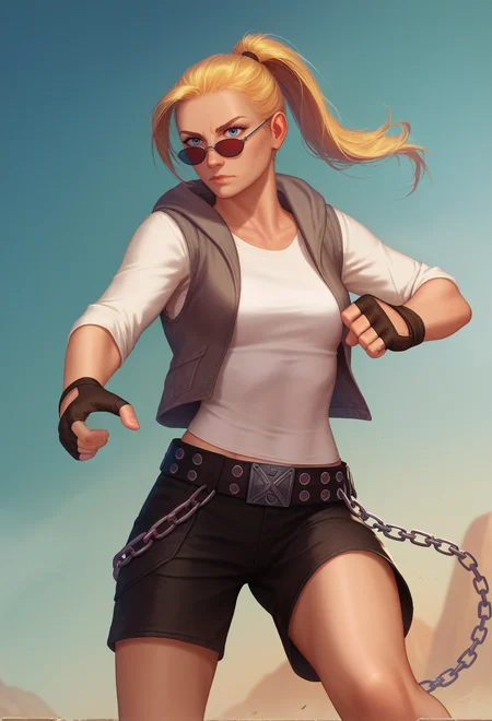 score_9, score_8_up, score_7_up, score_6_up, 1girl, solo, fighting stance, (fists:1.2), dynamic angle, half body, slim, athlethic,
detailed background,
<lora:Krys_Decker_-_Artist_style_Newer__characters:0.9> ss-krd_new, <lora:Sketch_Turner:0.7> blonde hair, ponytail, white t-shirt, gray vest, black shorts, sunglasses, hood, white laces, belt, red x, shaved temples, shorts chain, blue eyes, fingerless gloves,